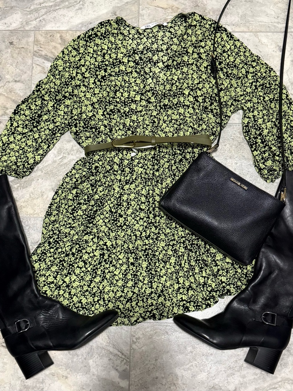 Zara Black Mini Dress with Lime Green Floral Print
